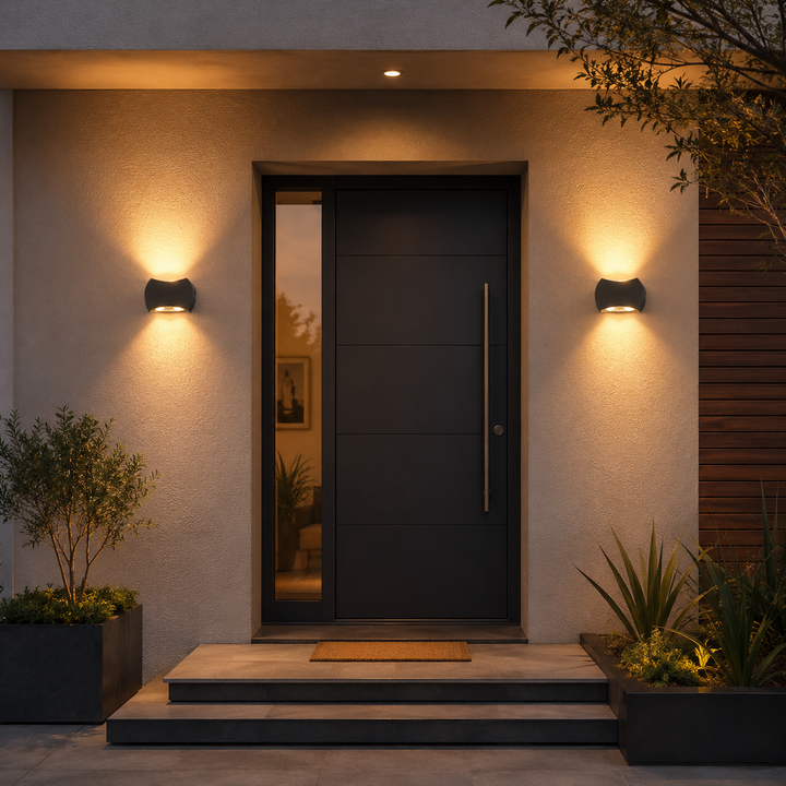 Aragon black up down wall lights by front door