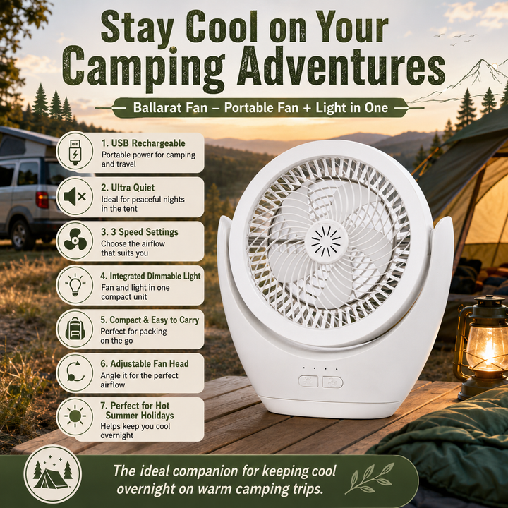 Ballarat USB camping fan with light infographic