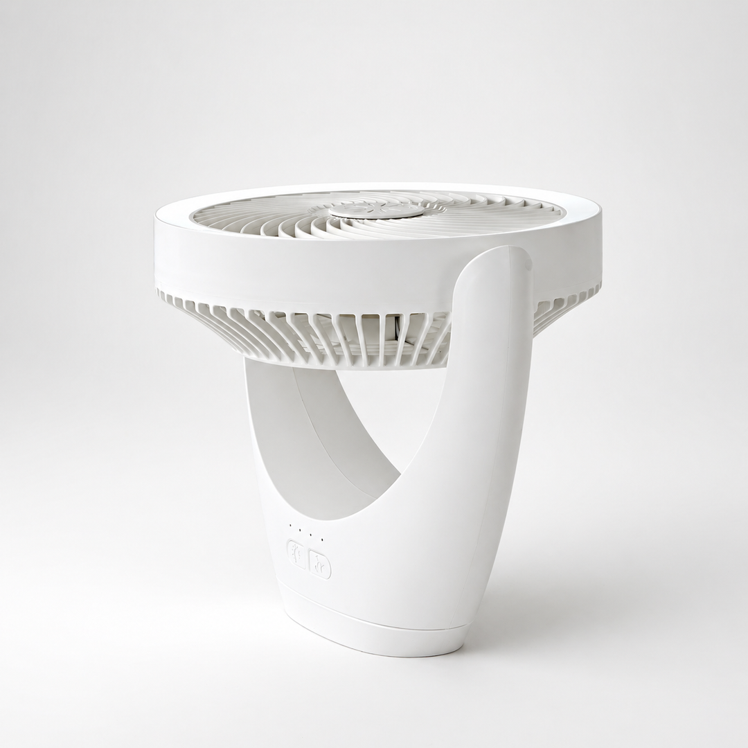 Ballarat white portable desk fan angled view