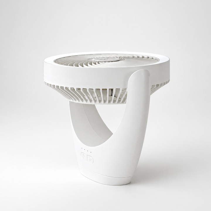 Ballarat white portable desk fan angled view