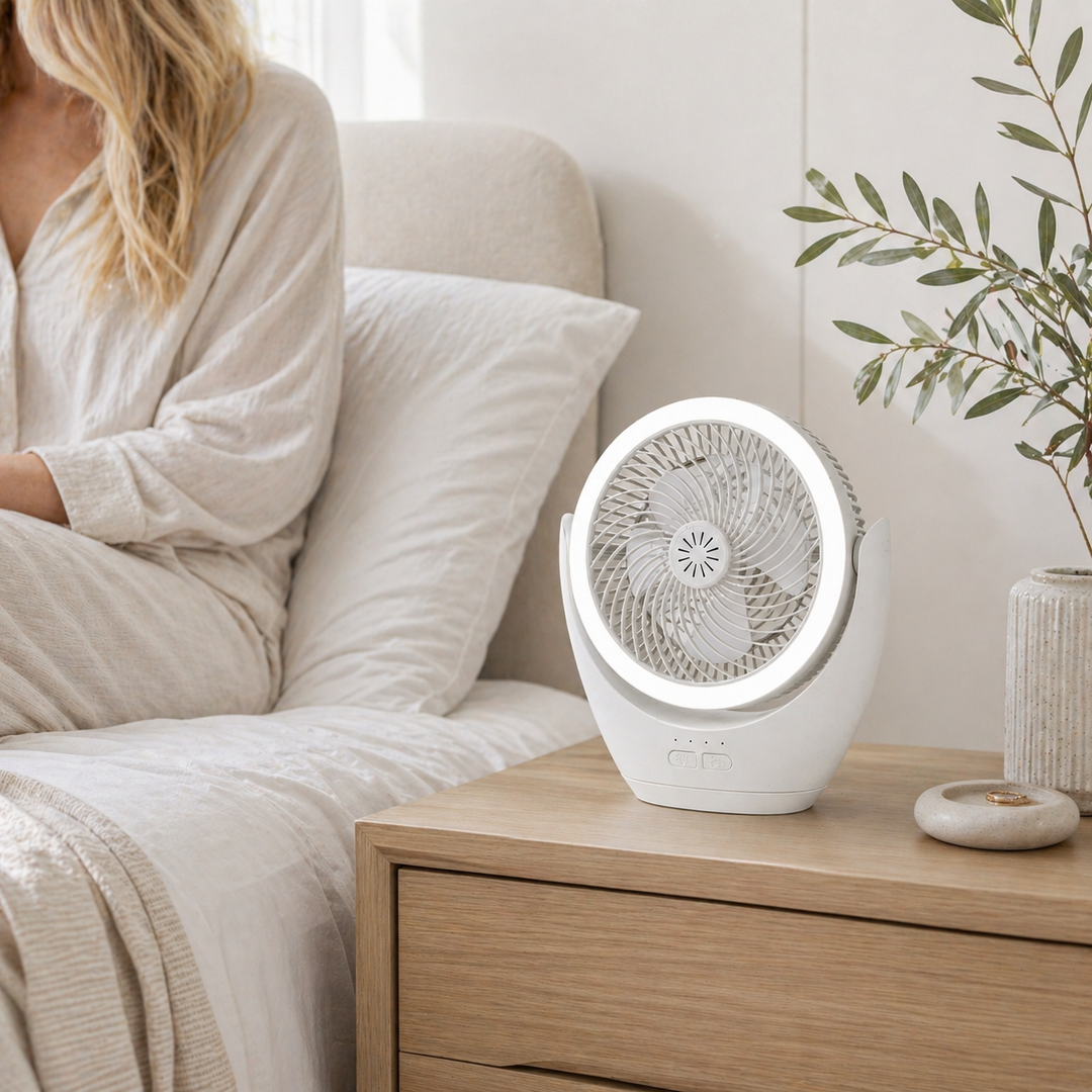 Ballarat white portable desk fan bedside lifestyle