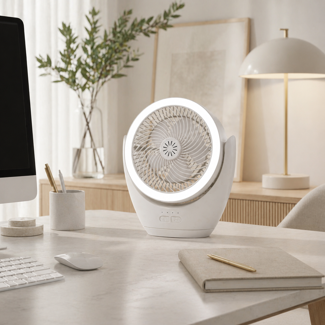 Ballarat white portable desk fan in home office