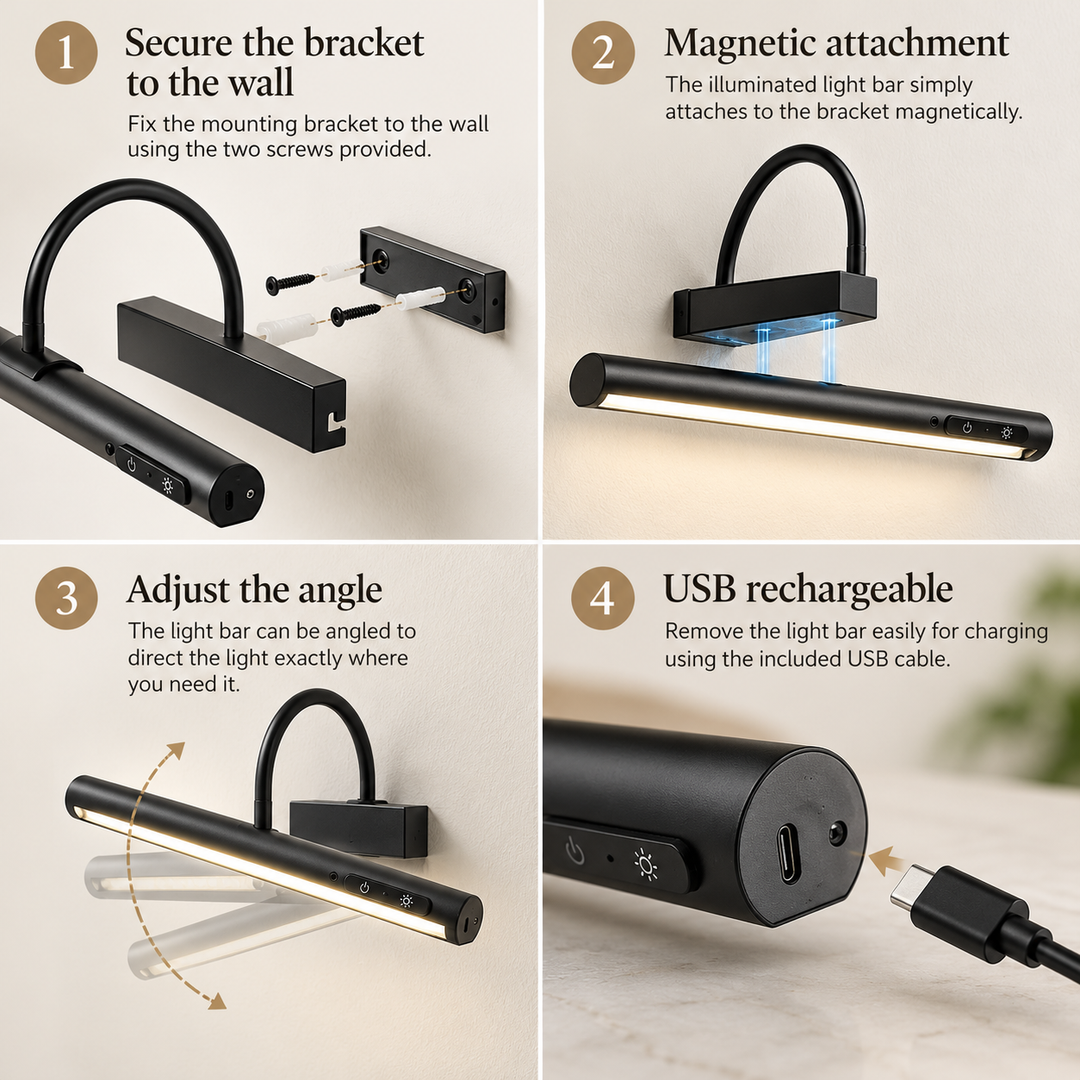 Step-by-step installation guide for the black battery-operated picture light, showing wall bracket mounting, magnetic attachment, adjustable light angle and removable USB rechargeable light bar.