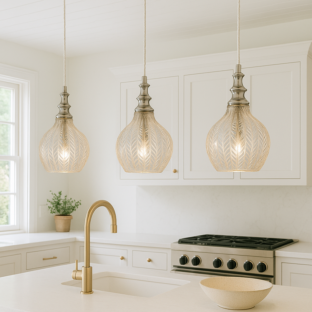 Bedford cognac glass pendant lights in bright airy McGee style kitchen.