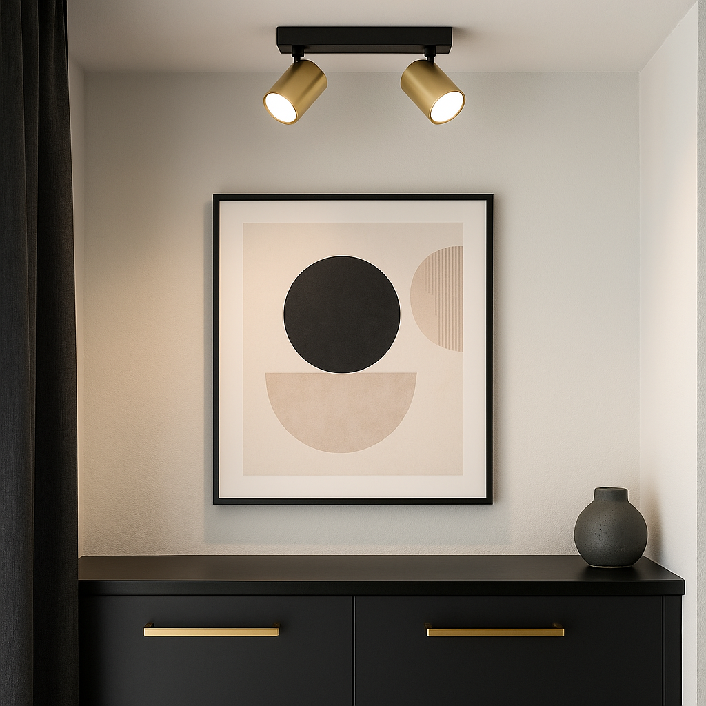 Modern interior with black cabinet, gold handles, abstract artwork, and the Benalla black and gold 2 light flush ceiling spotlight