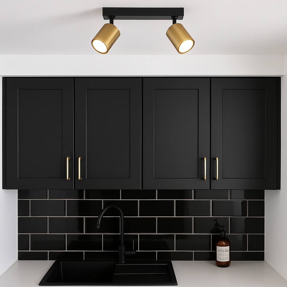 Modern utility room with white walls, black cabinets with gold handles, and the Benalla black and gold 2 light flush ceiling spotlight