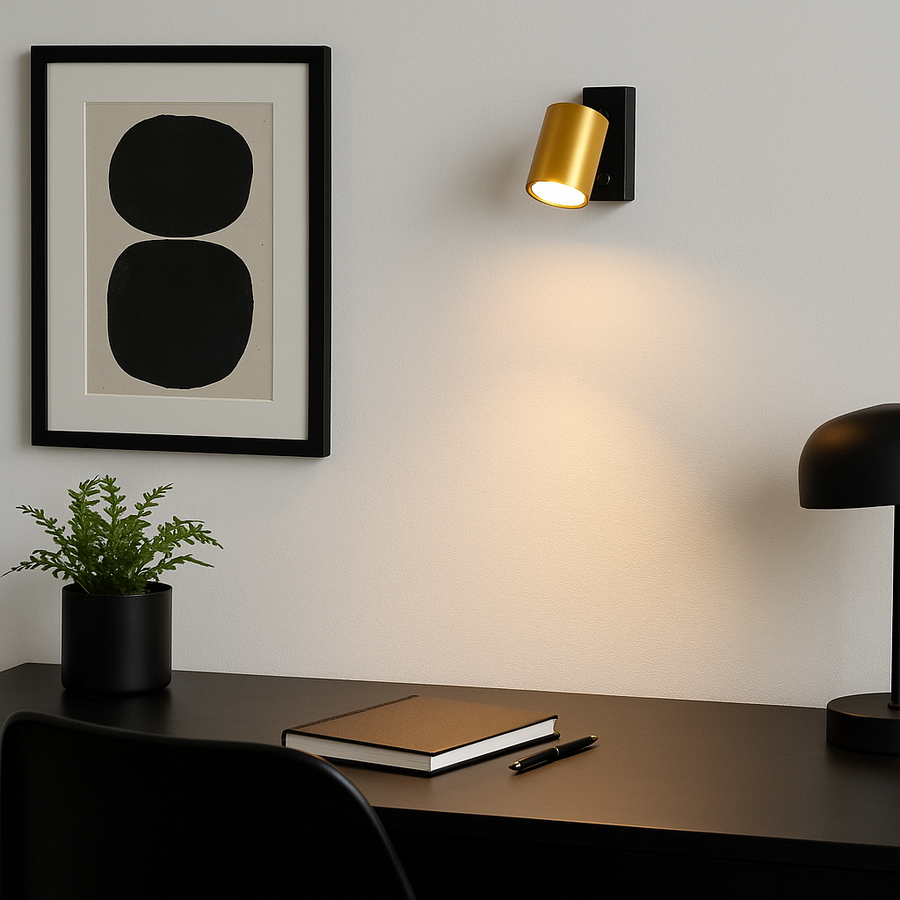 Modern home office with black desk, artwork, and the Benalla black and gold wall light casting a warm glow above the workspace