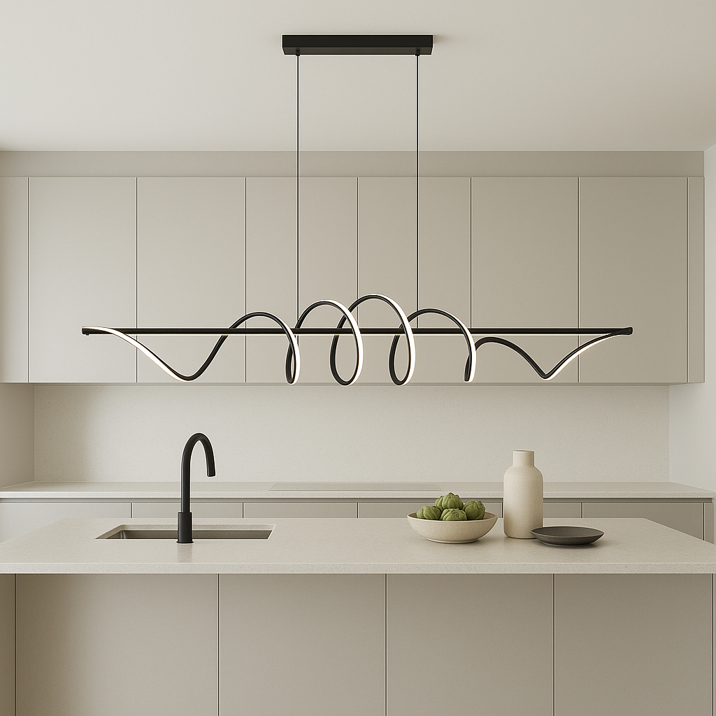 Berlin LED pendant light 111cm wide in modern kitchen with white cabinets, black accents, and large quartz island