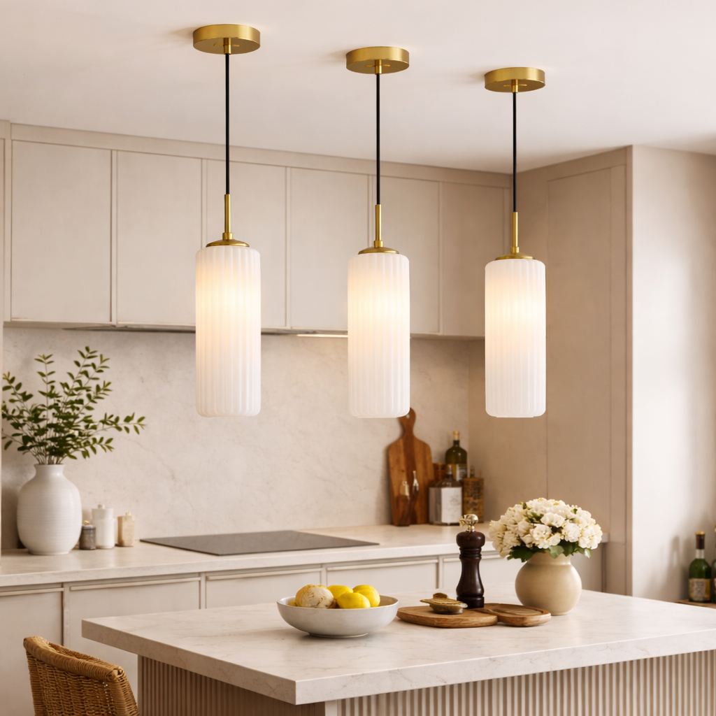 Ribbed glass pendant lights over kitchen island