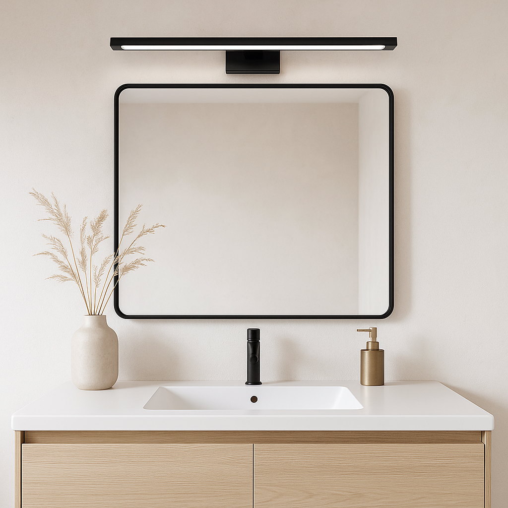 Black bathroom wall light mounted above a mirror with black trim in a light and airy Scandi style bathroom.
