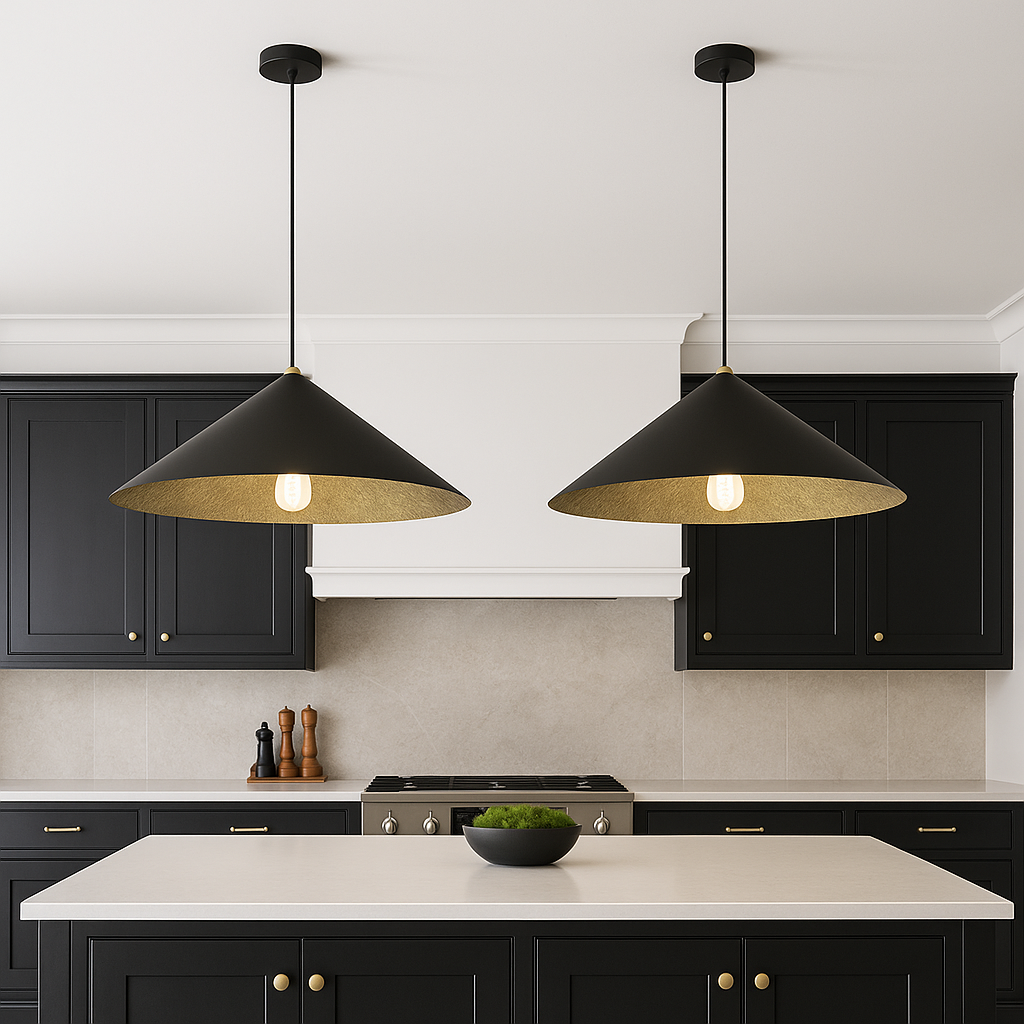Two large black cone pendant lights with gold interiors hanging from the ceiling above a spacious modern kitchen island with black cabinets, gold accents, and natural stone backsplash.
