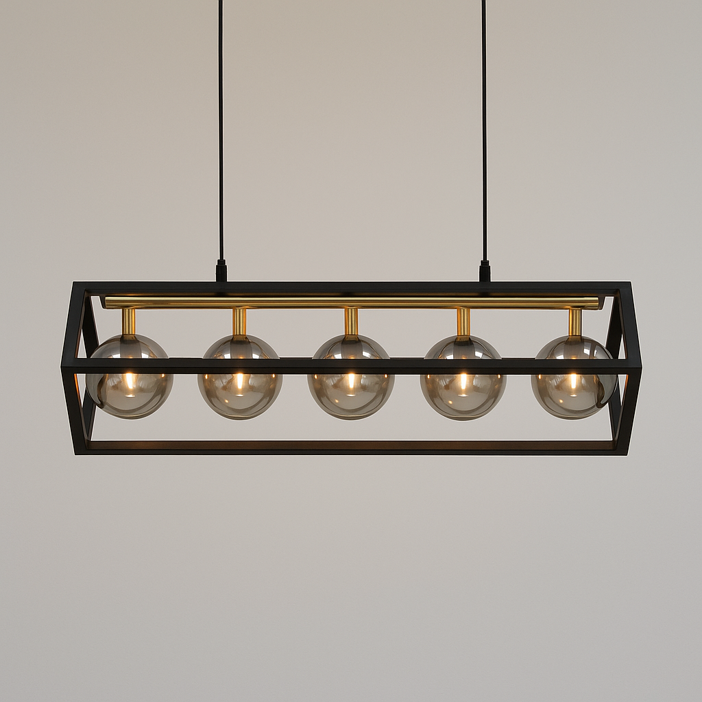 Black and gold rectangular pendant light with five smoked glass globes against a plain wall