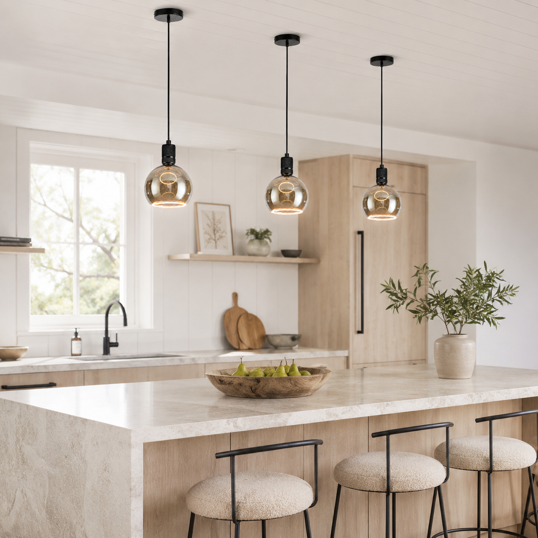 Black knurled Roma pendants above kitchen island