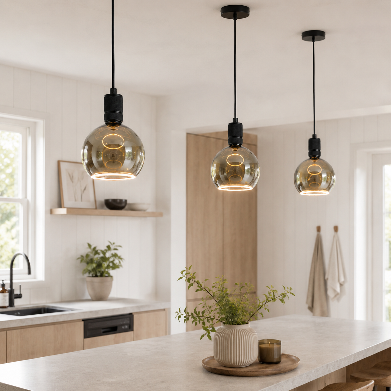 Black Roma pendant lights in modern kitchen
