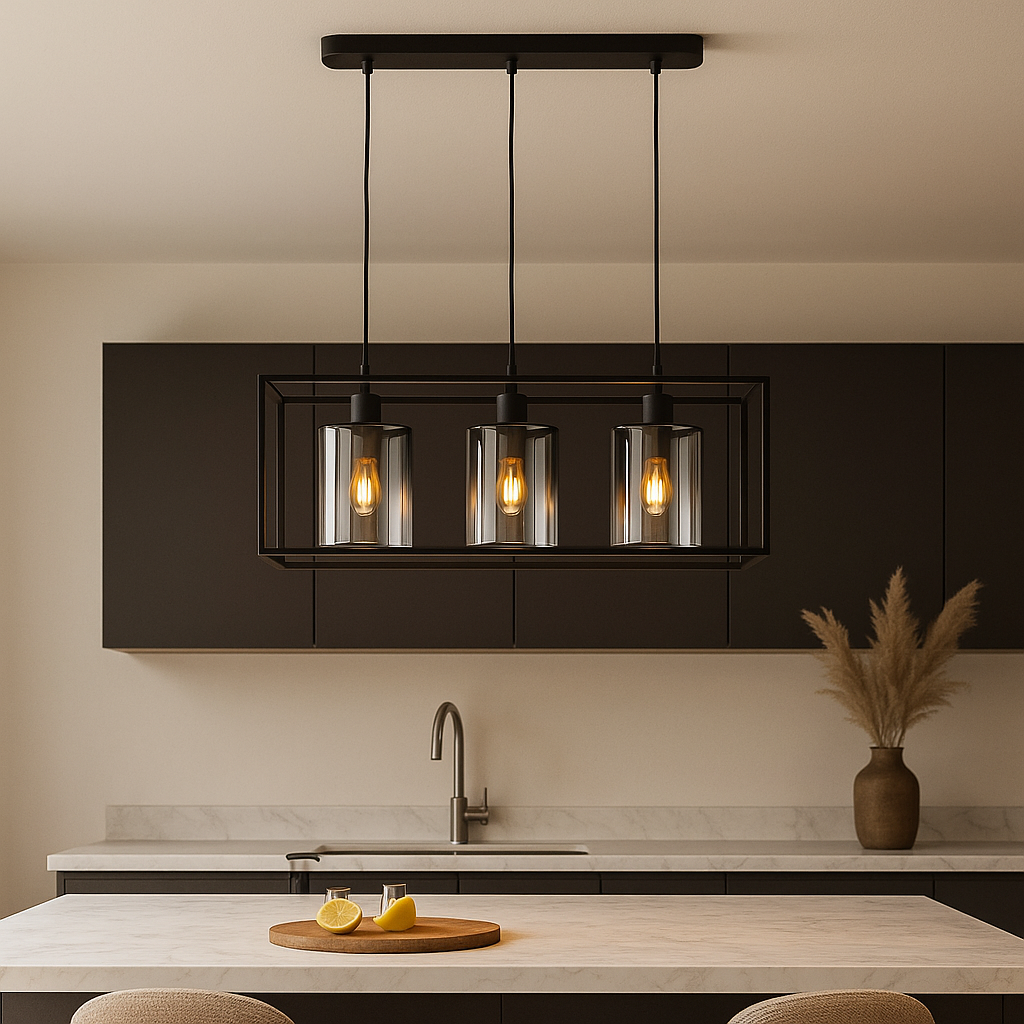 Black 3 light rectangular pendant with smoked glass shades over a marble kitchen island.