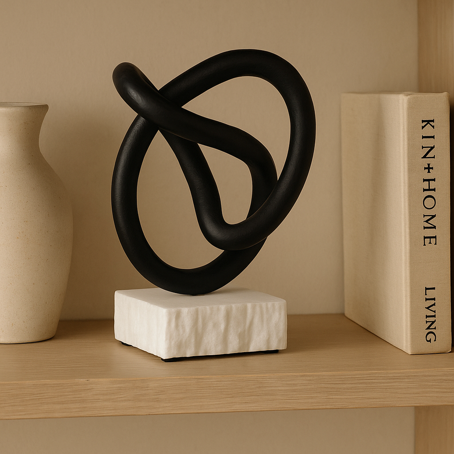 Close-up of black metal loop sculpture with white marble base styled on a Scandinavian shelf with books and neutral vase