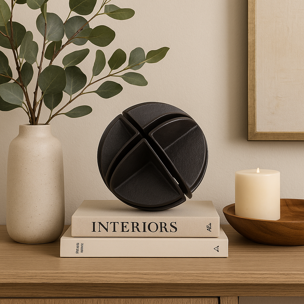 Luxury black metal sphere sculpture styled on books with vase and candle on a wooden sideboard.