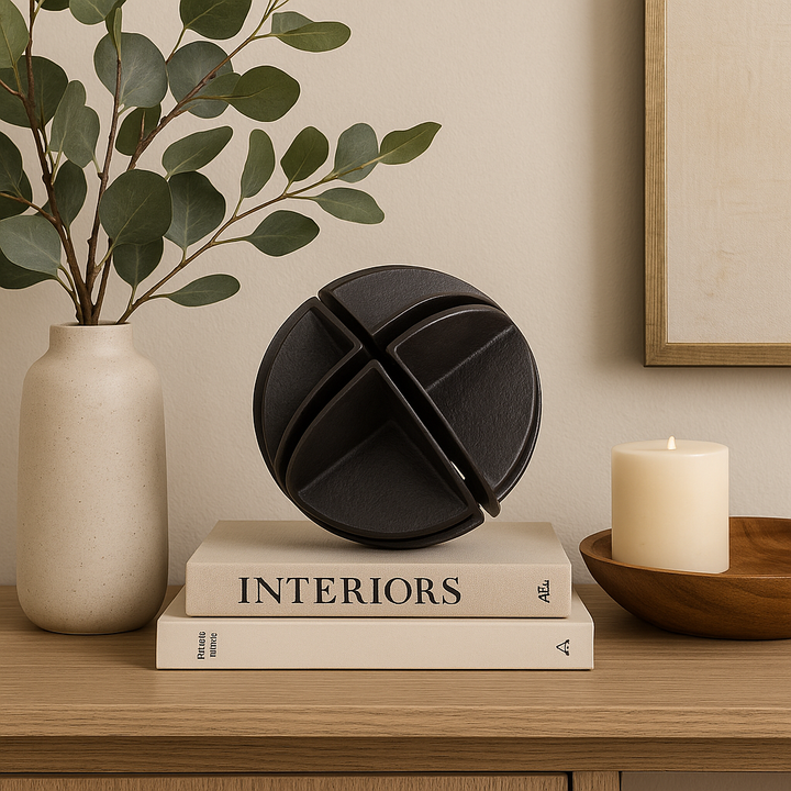 Luxury black metal sphere sculpture styled on books with vase and candle on a wooden sideboard.