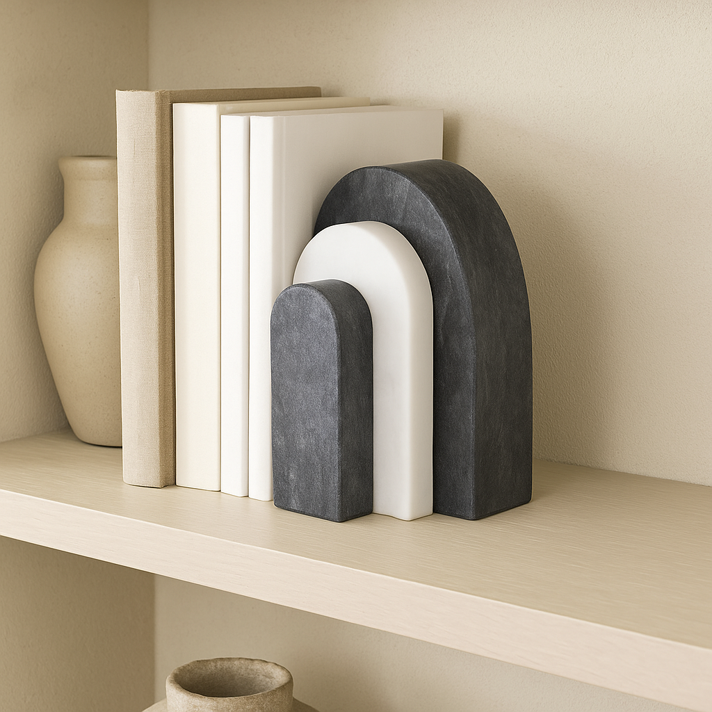 Pair of black and white marble arch bookends holding books on a light wooden shelf with neutral decorative vases