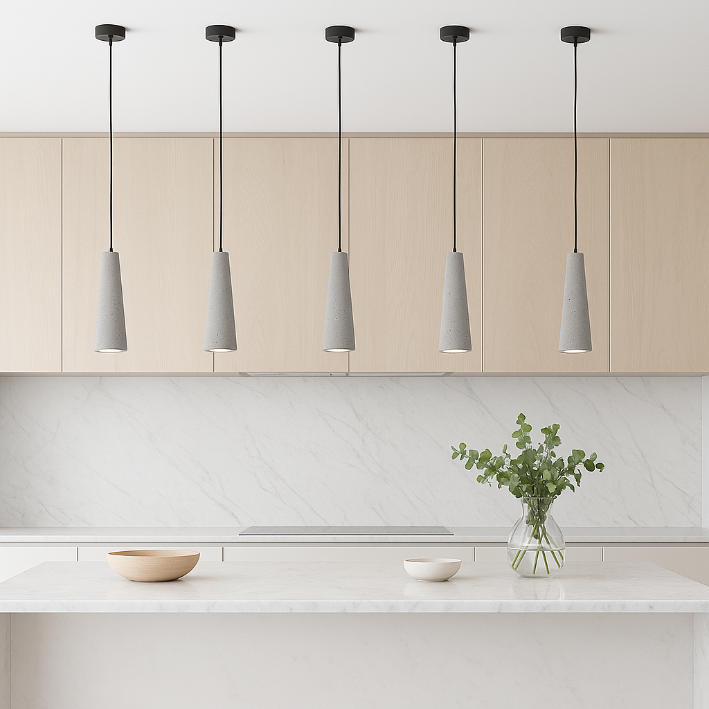Five Bonavista concrete pendant lights above a white marble island in a Scandinavian modern kitchen with light cabinetry