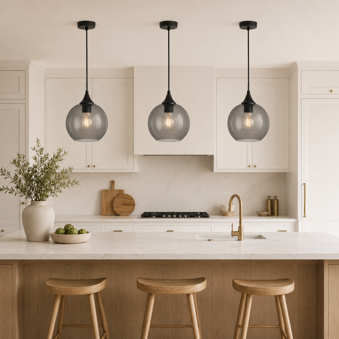 Three Bowen smoked glass kitchen island pendant lights