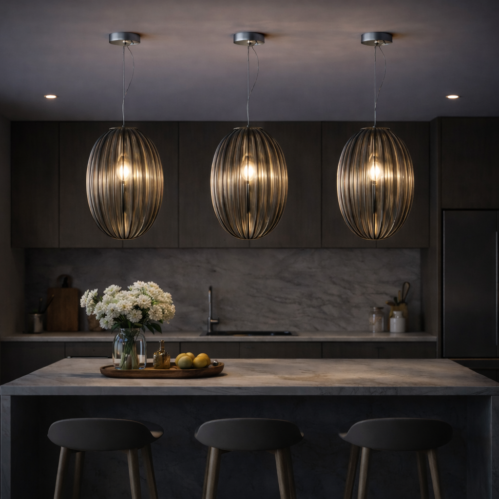 Braga smoked glass pendants above kitchen island