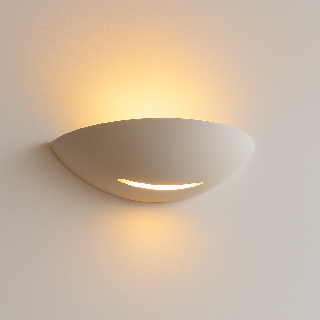 Brighton white ceramic wall light with warm upward and downward glow against a white wall, modern minimalist desig
