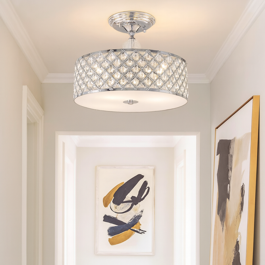 Chrome crystal drum semi-flush ceiling light in modern hallway