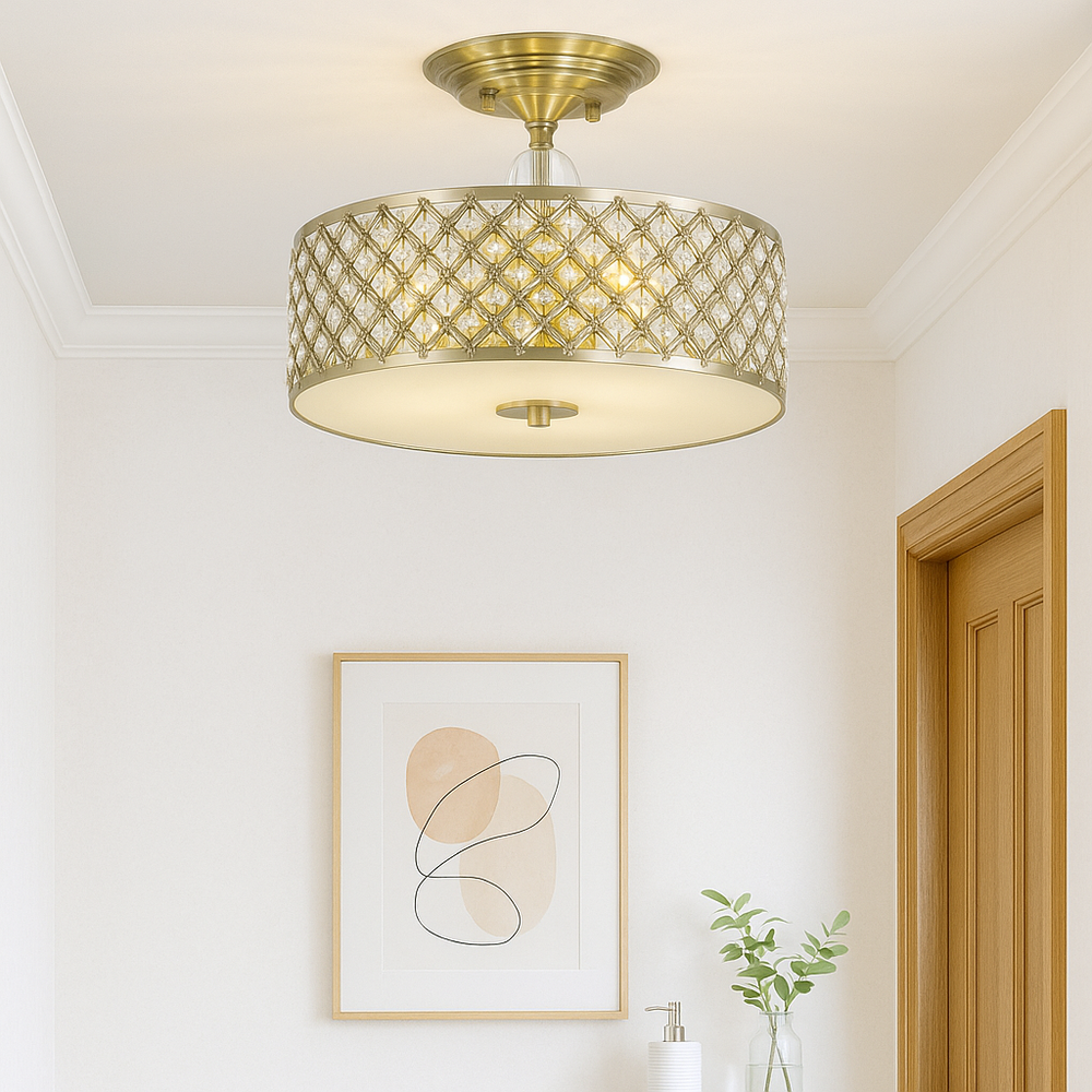 Crystal drum semi-flush ceiling light in brass for modern hallway