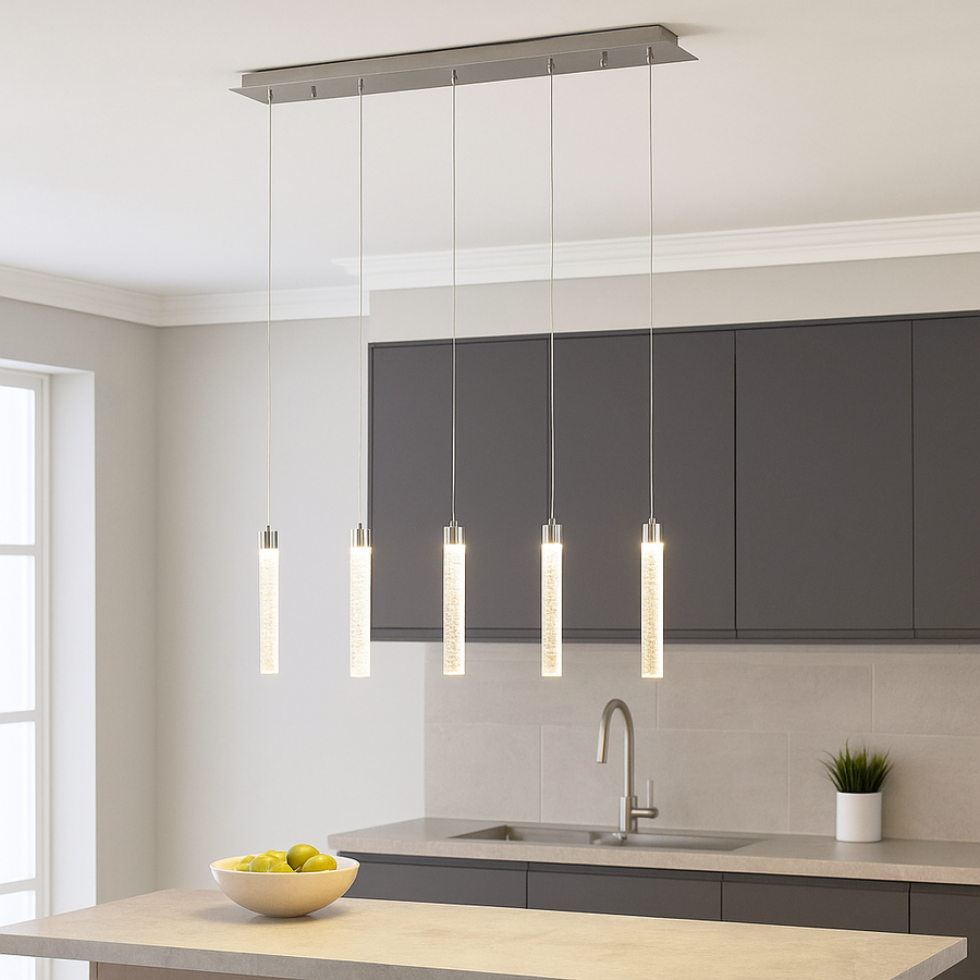Modern bubble glass pendant bar light above a kitchen island
