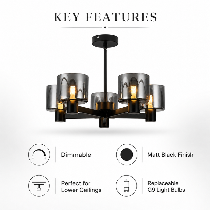 Byron smoked glass ceiling light features