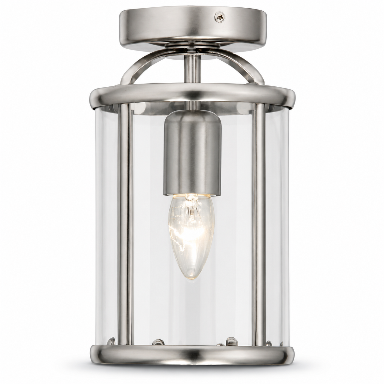 Cambridge satin silver semi flush lantern ceiling light with clear glass panels and candle bulb on a white background.
