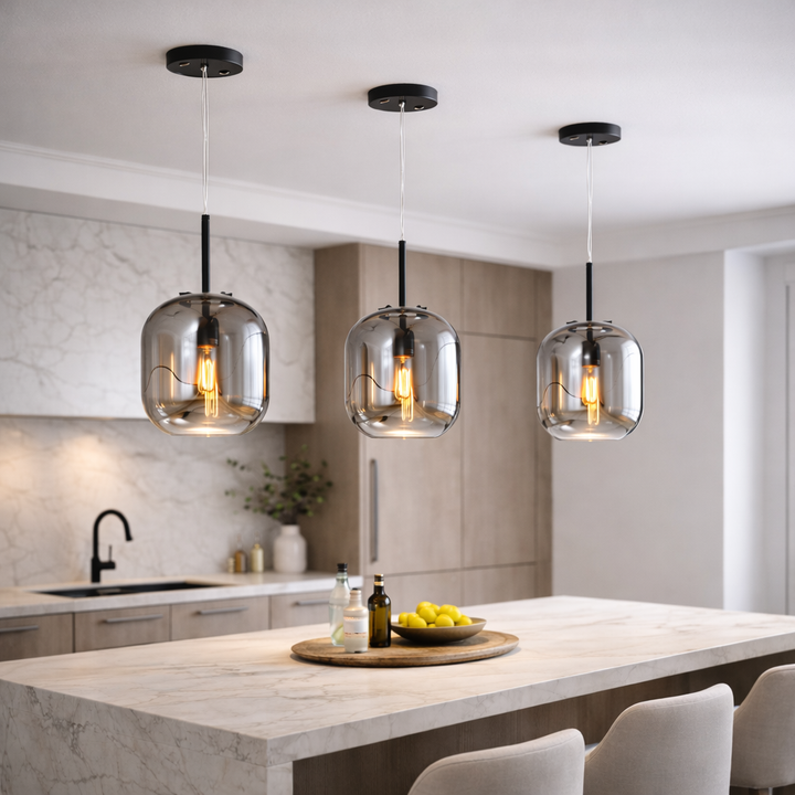 Camden smoked glass pendant lights above kitchen island