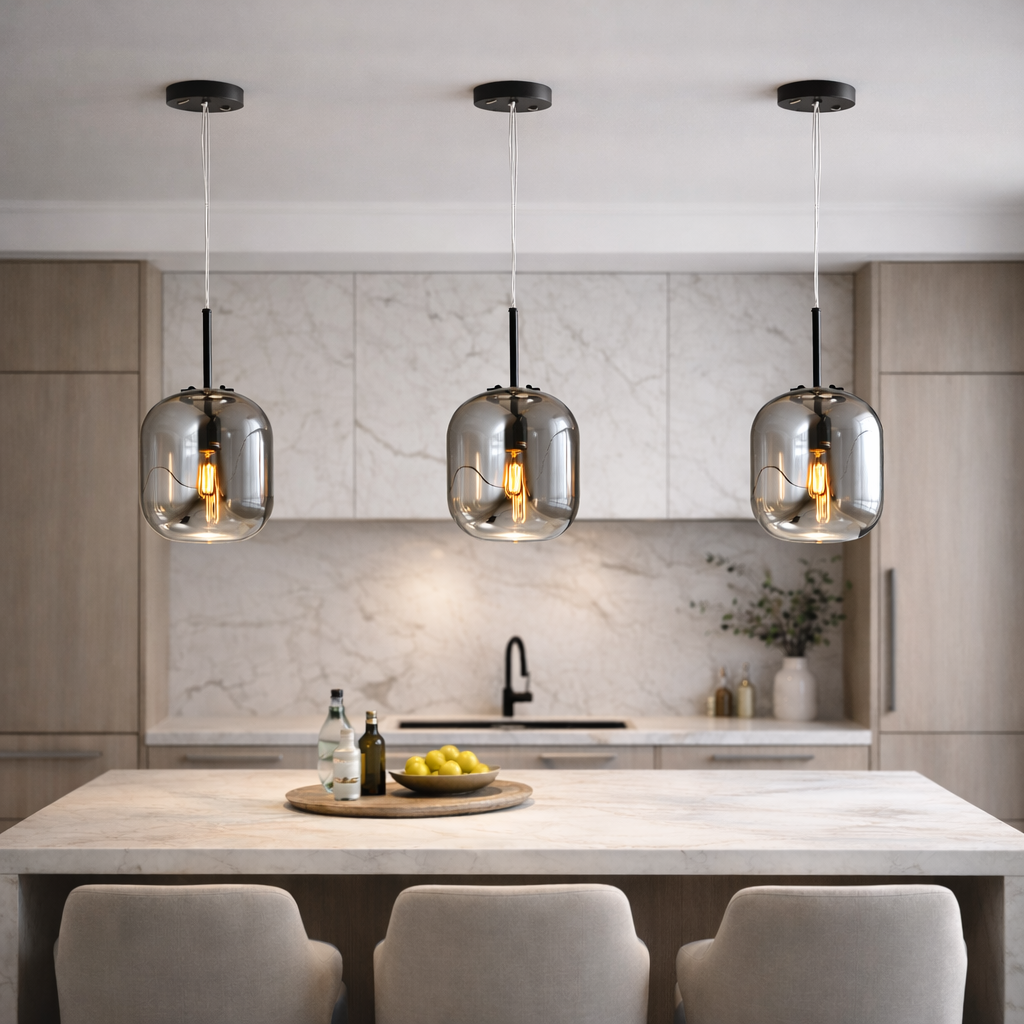 Camden smoked glass pendant lights over kitchen island