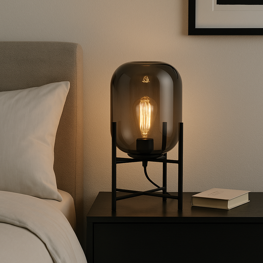 Camden smoked glass table lamp on black bedside table beside a modern neutral bed