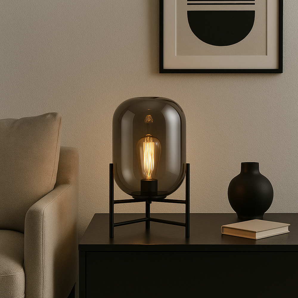 Modern lifestyle setting with Camden smoked glass table lamp on black sideboard with black accents