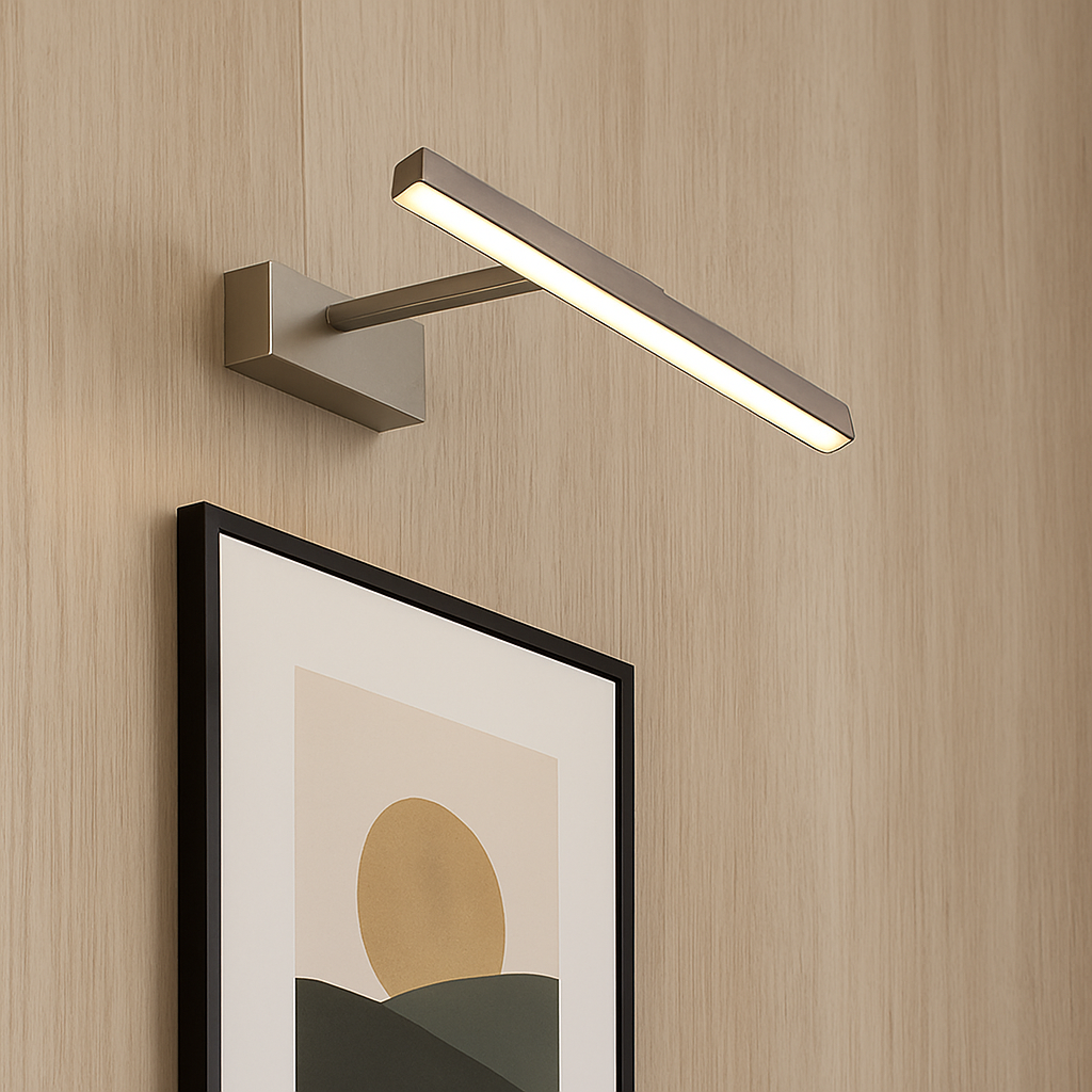 Contemporary brushed nickel LED picture light on wood panel wall