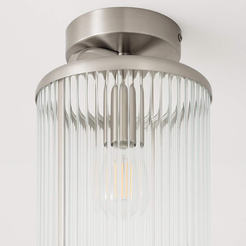 Carlton ribbed glass ceiling light satin silver close-up