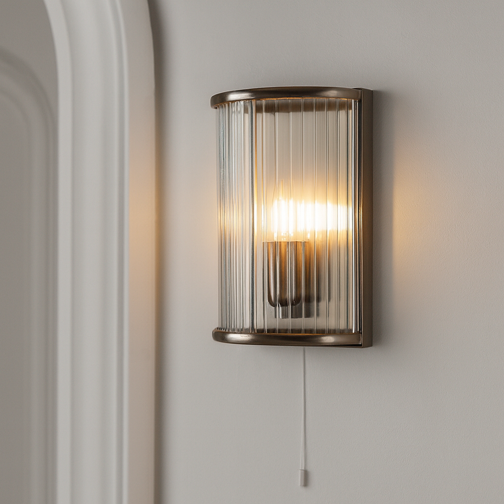 Carlton satin silver ribbed glass wall light with pull cord
