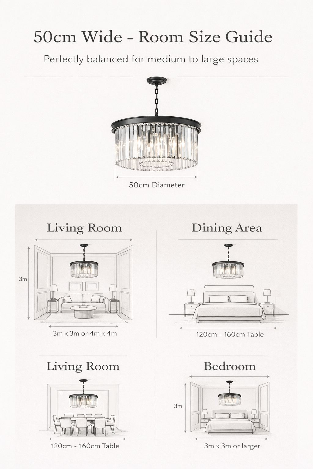 Carolina chandelier 50cm room size guide