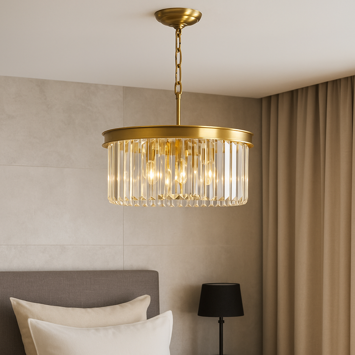 Luxury bedroom with Carolina gold crystal chandelier attached to ceiling above upholstered headboard, beige curtains, and modern neutral decor