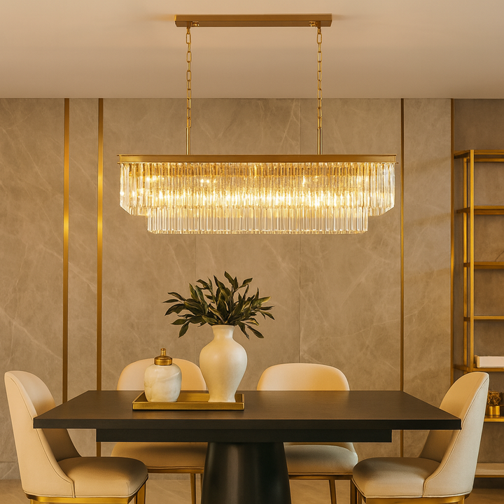 High-end luxury dining room with Carolina gold rectangular crystal pendant bar light attached to ceiling above a black dining table with cream chairs and gold accents