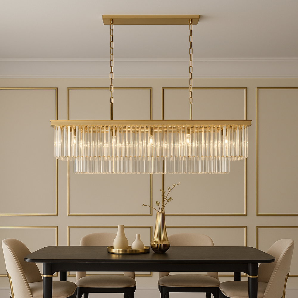 Luxury gold rectangular crystal pendant bar light with ceiling plate attached, hanging above a modern black dining table with cream chairs and gold accents