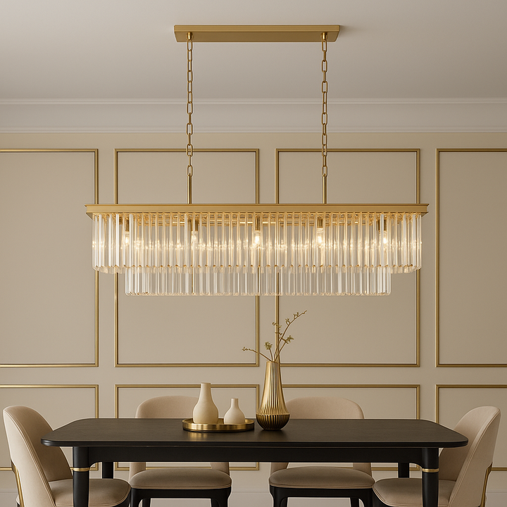 Luxury gold rectangular crystal pendant bar light with ceiling plate attached, hanging above a modern black dining table with cream chairs and gold accents