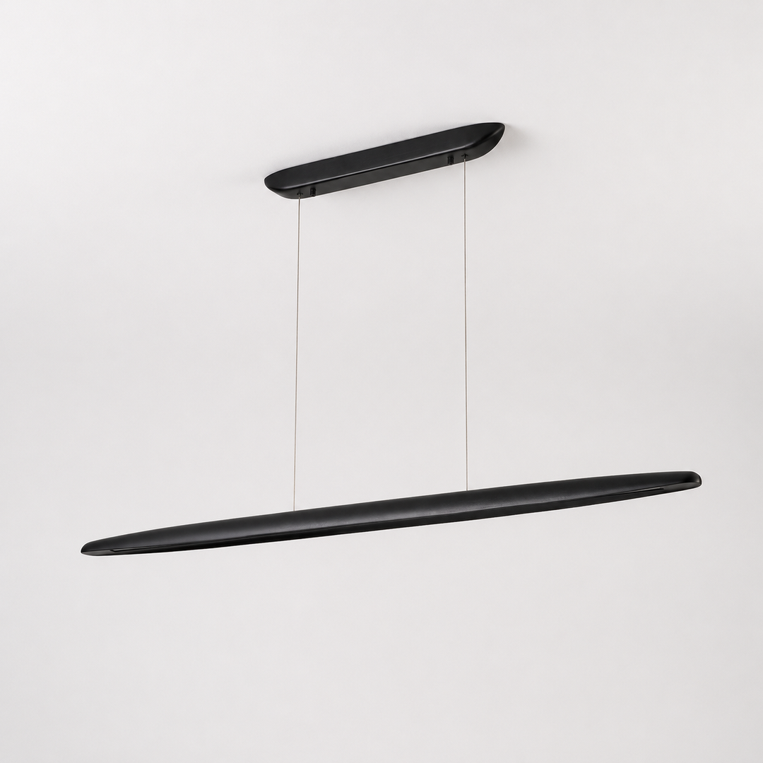 Ceduna Black Wooden LED Kitchen Island Pendant Bar in a square hero image showing the slim matt black linear pendant suspended from the ceiling.