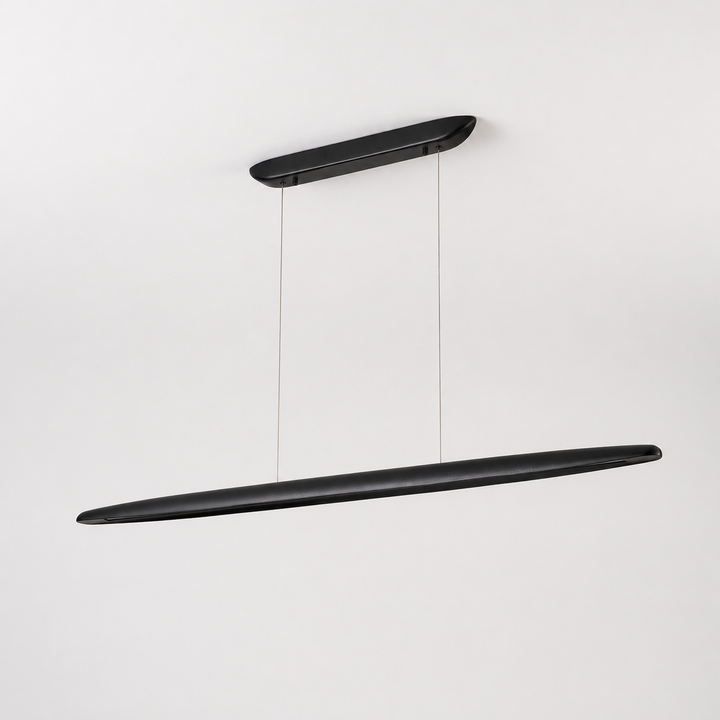 Ceduna Black Wooden LED Kitchen Island Pendant Bar in a square hero image showing the slim matt black linear pendant suspended from the ceiling.