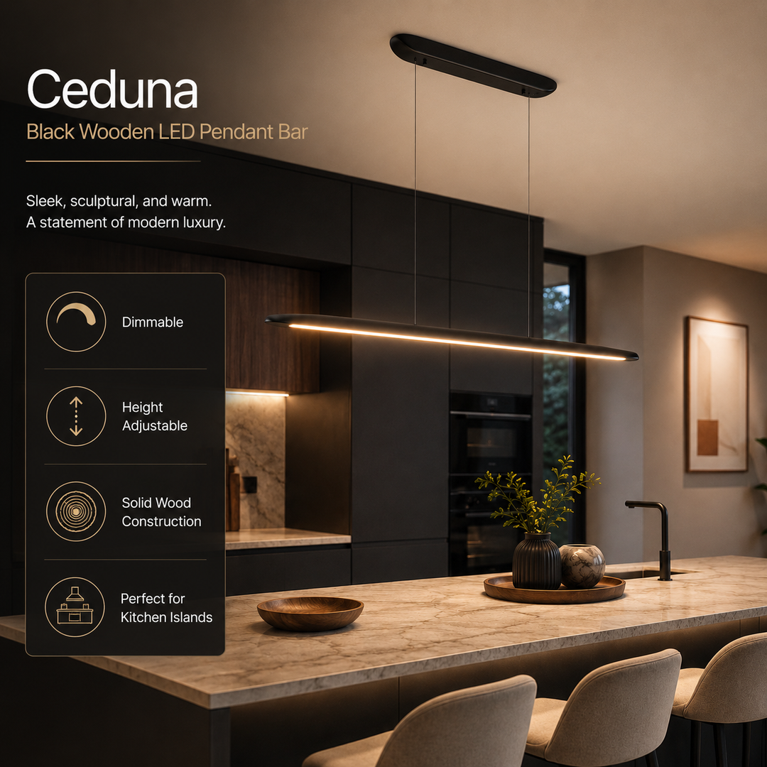 Infographic for the Ceduna Black Wooden LED Pendant Bar showing the illuminated pendant above a modern luxury kitchen island with key features: dimmable, height adjustable, solid wood construction, and perfect for kitchen islands.