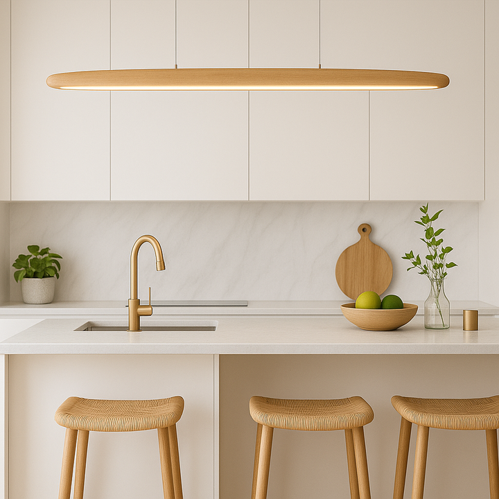 Ceduna Natural Wood Kitchen Island Light suspended above a minimalist kitchen island and breakfast bar.