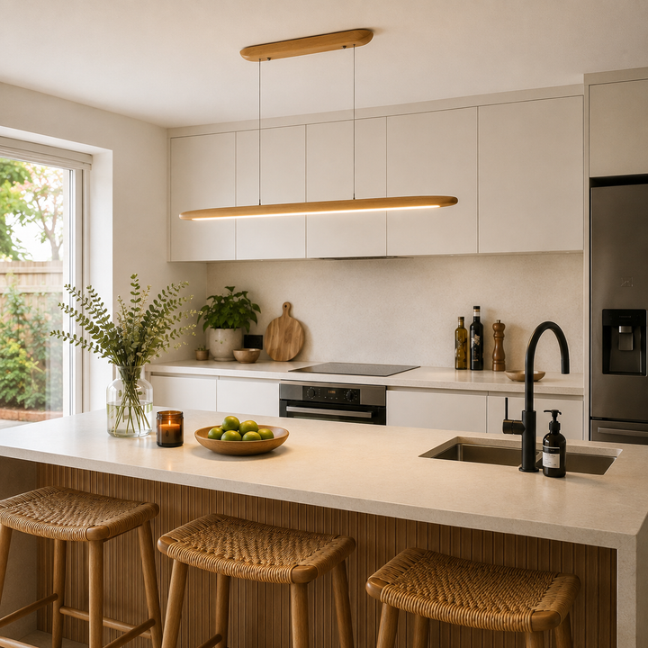 Ceduna Natural Wood LED Kitchen Island Pendant Bar above a bright modern kitchen island.