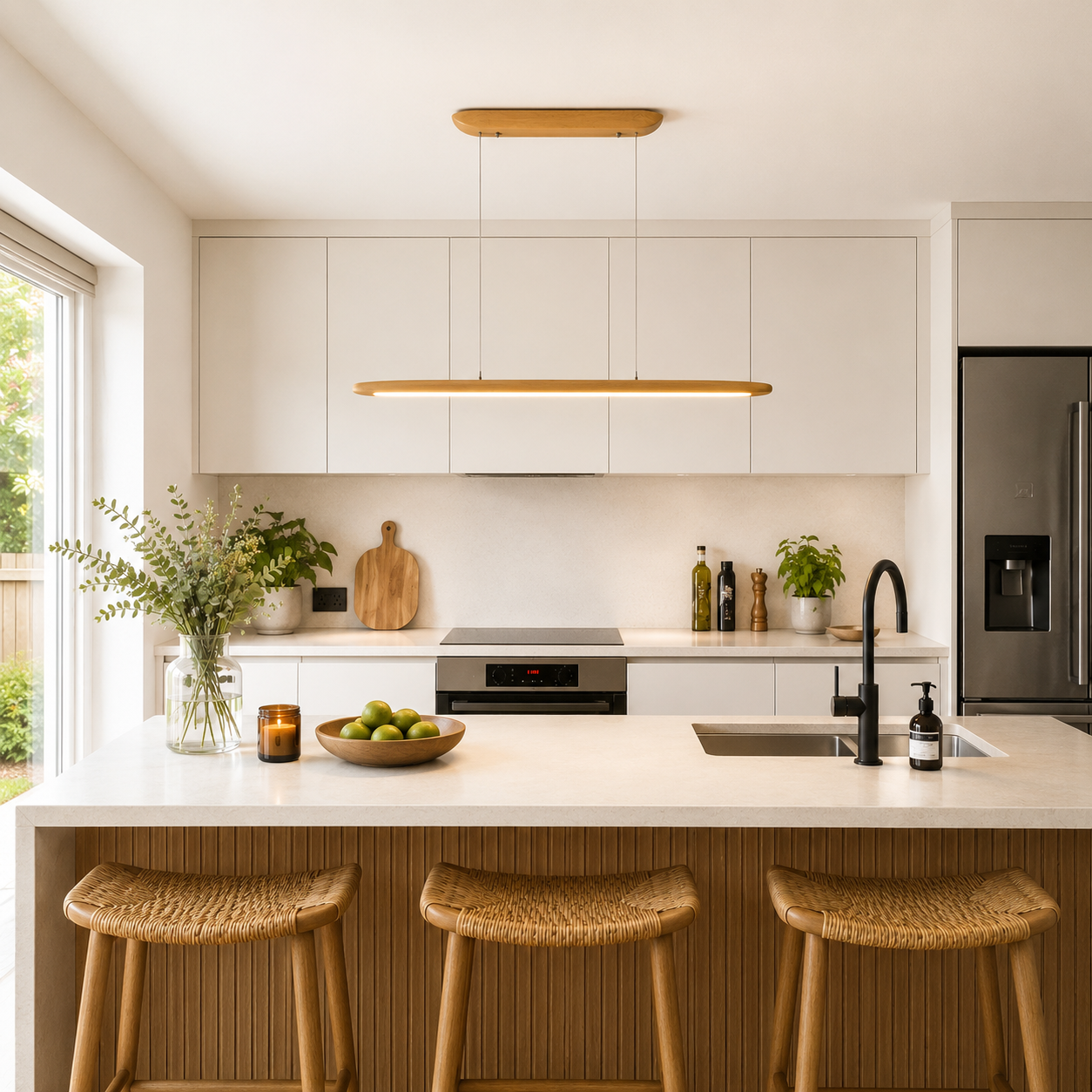 Ceduna Wooden LED Pendant Bar illuminated above a contemporary kitchen island with natural wood styling